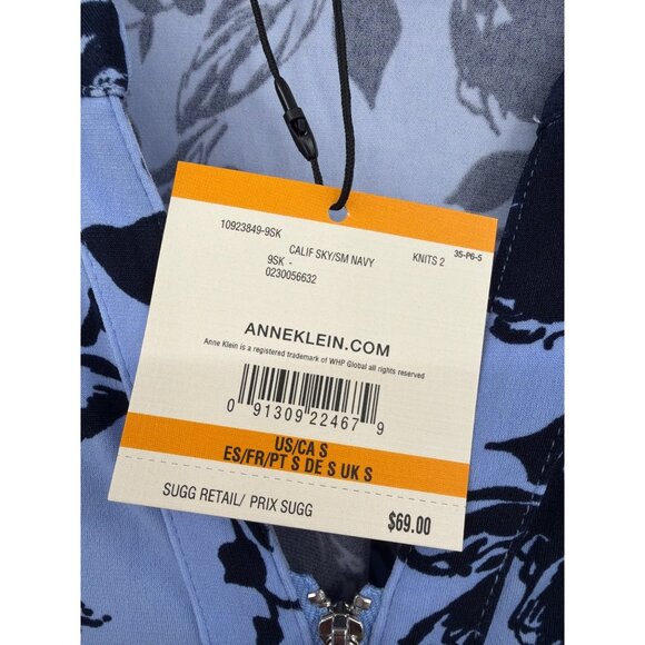 Anne Klein Size S Floral Split Neck Blouse Navy Light Blue Button Tab Sleeve New - Picture 3 of 6